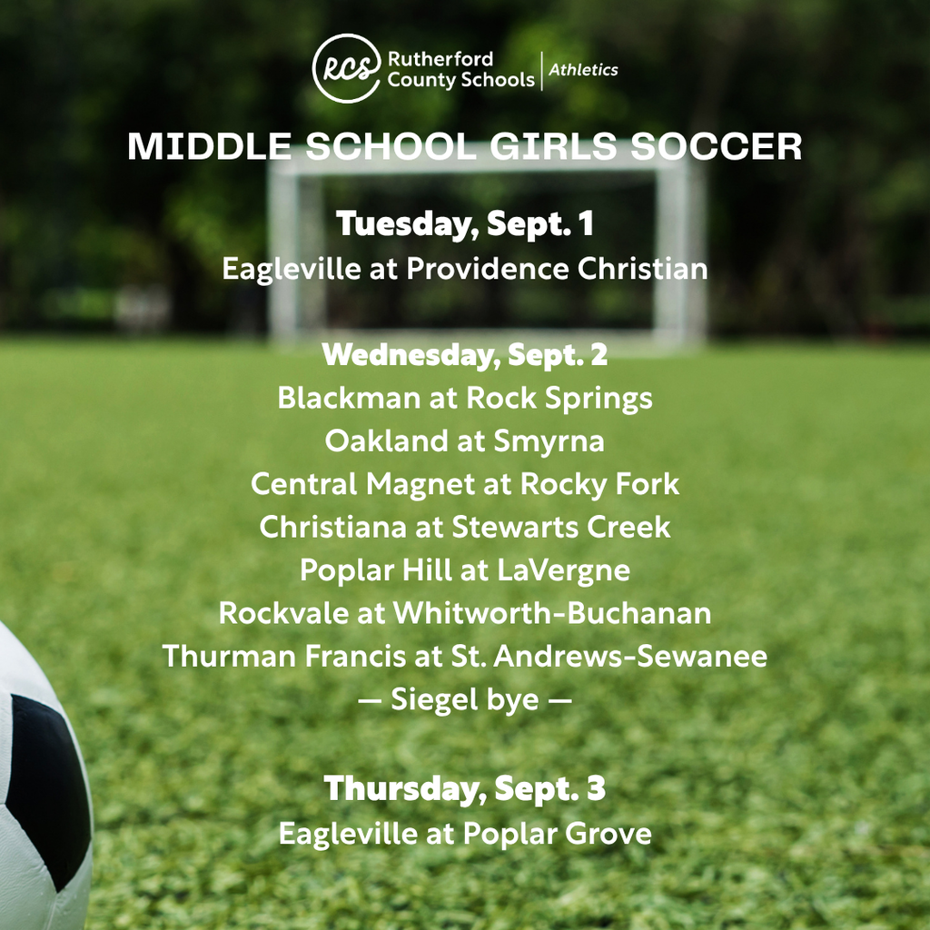 Poster lists soccer match dates, times, and locations. Green field background with white text.