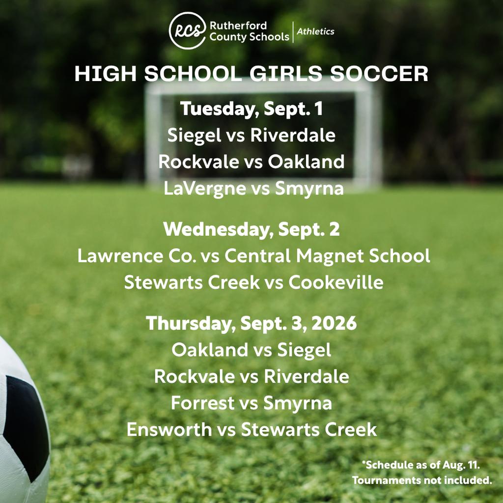 Soccer field with a soccer ball in the foreground. Dates and match-ups for high school girls' soccer games.