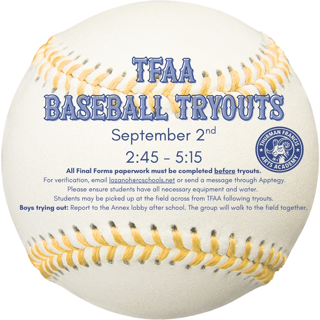 Baseball with blue text. It reads "TFA Baseball Tryouts September 2nd 2:45-5:15" on a white background.