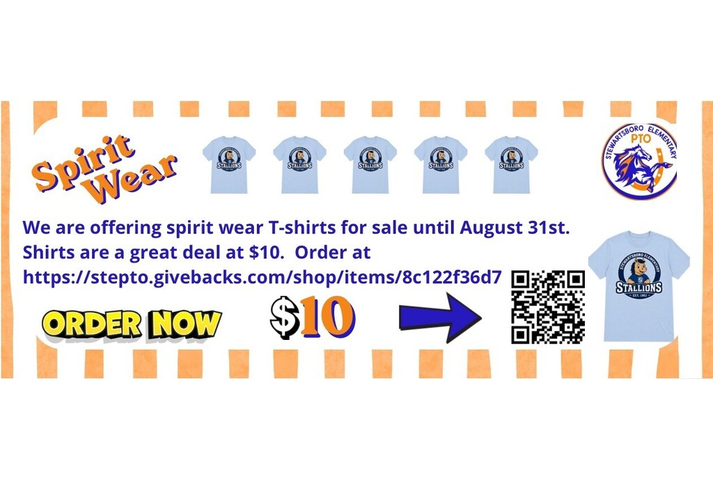 Orange and white design with blue t-shirts and a QR code. Text reads "Spirit Wear" and "We are offering spirit wear t-shirts for sale until August 31st. Shirts are a great deal at $10."