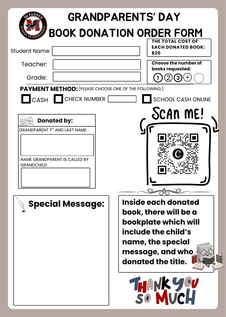 A form titled "Grandparents' Day Book Donation Order Form" has text fields for student name, grade, teacher, and more. QR code for scanning.