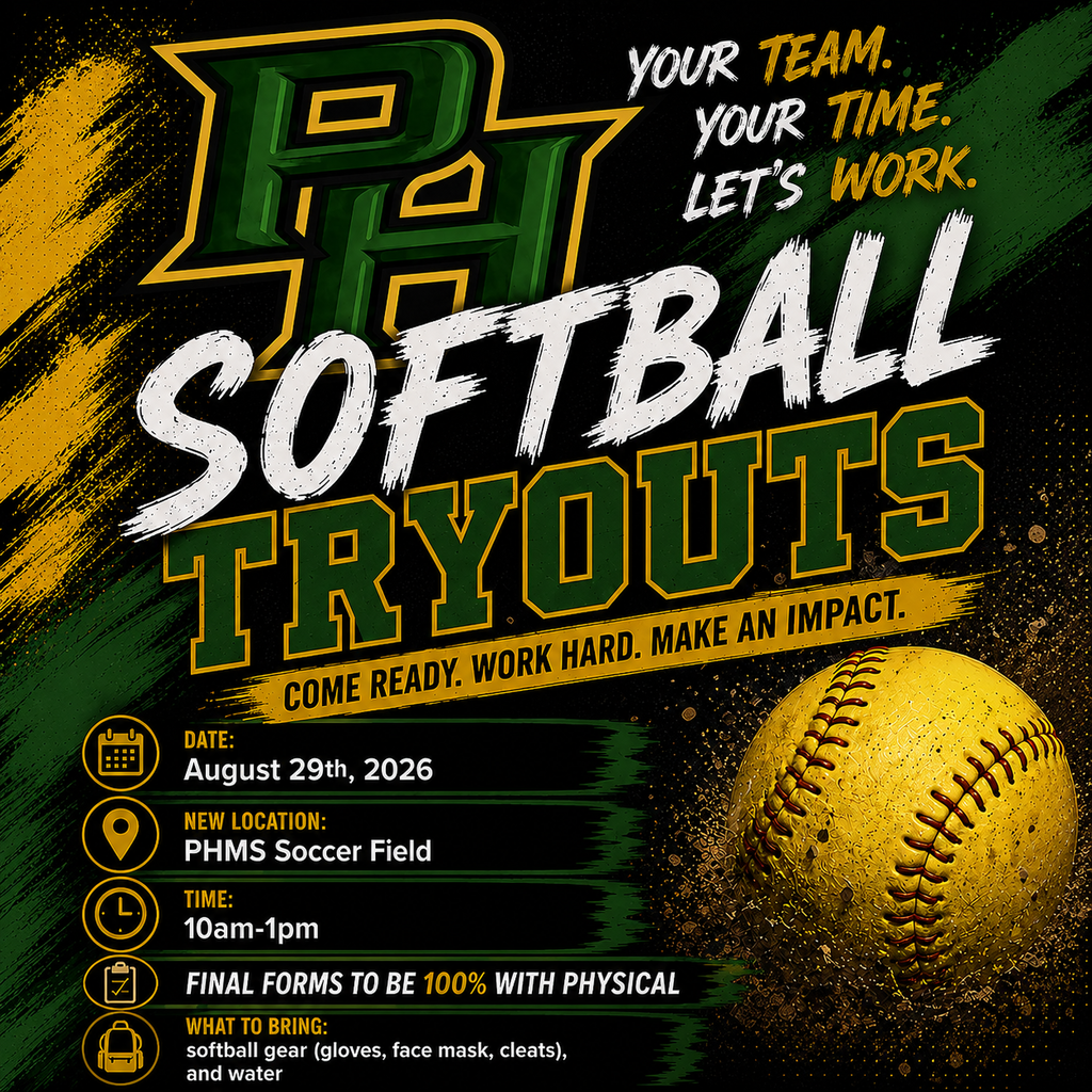 Advertisement for softball tryouts. Green and yellow background. A softball in dirt. Date, location, time, and gear information provided.