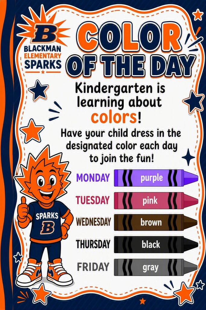Poster with "Color of the Day" and cartoon character. Text reads, "Kindergarten is learning about colors." Crayons in purple, pink, brown, black, and gray.