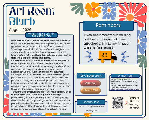 A document features an art program for August 2026, with a cartoon truck, links, and a QR code.