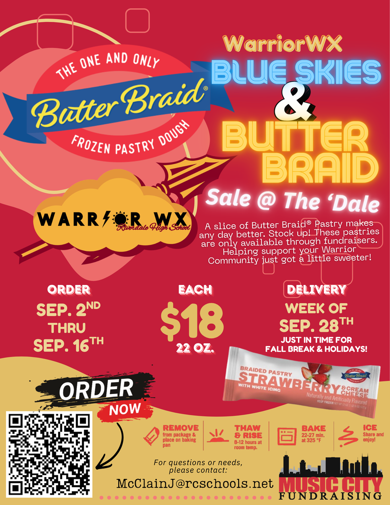 Flyer for WarriorWX Blue Skies Butter Braid frozen pastry dough. Sale at The Dale. Order from Sep 2 to Sep 16. Price $18 for 22 oz. QR code for ordering.