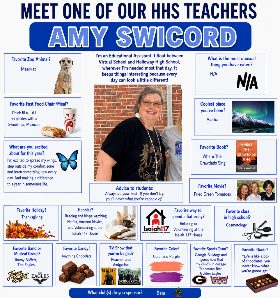 A poster with Amy Swicord's information, a photo, and questions about her favorite activities, food, and more.