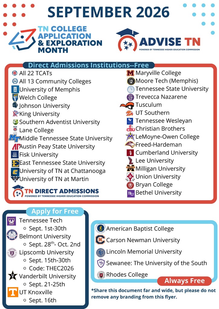 September 2026 flyer with text and logos of various universities and colleges, including Maryville College, UT Southern, Christian Brothers University, and others.