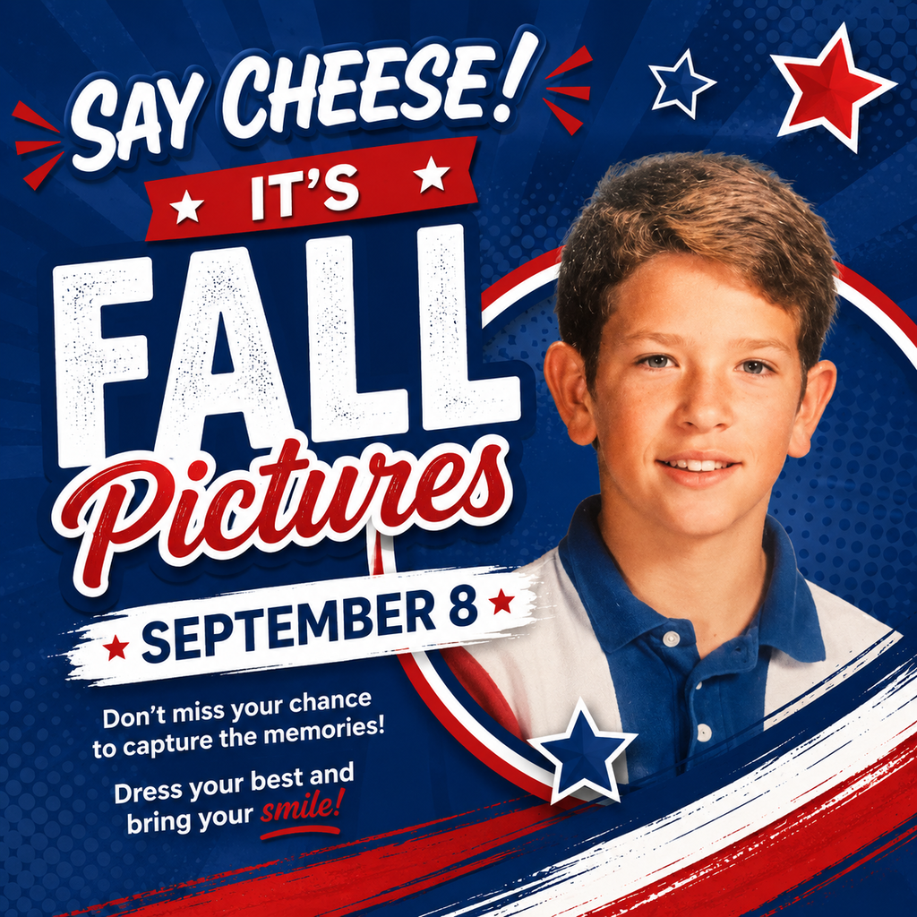 A poster announces "Say Cheese! It's Fall Pictures," with a boy smiling in a blue polo. Stars and stars surround the text.
