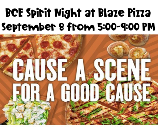 An advertisement for BCE Spirit Night at Blaze Pizza, featuring images of pizza, salads, and appetizers.
