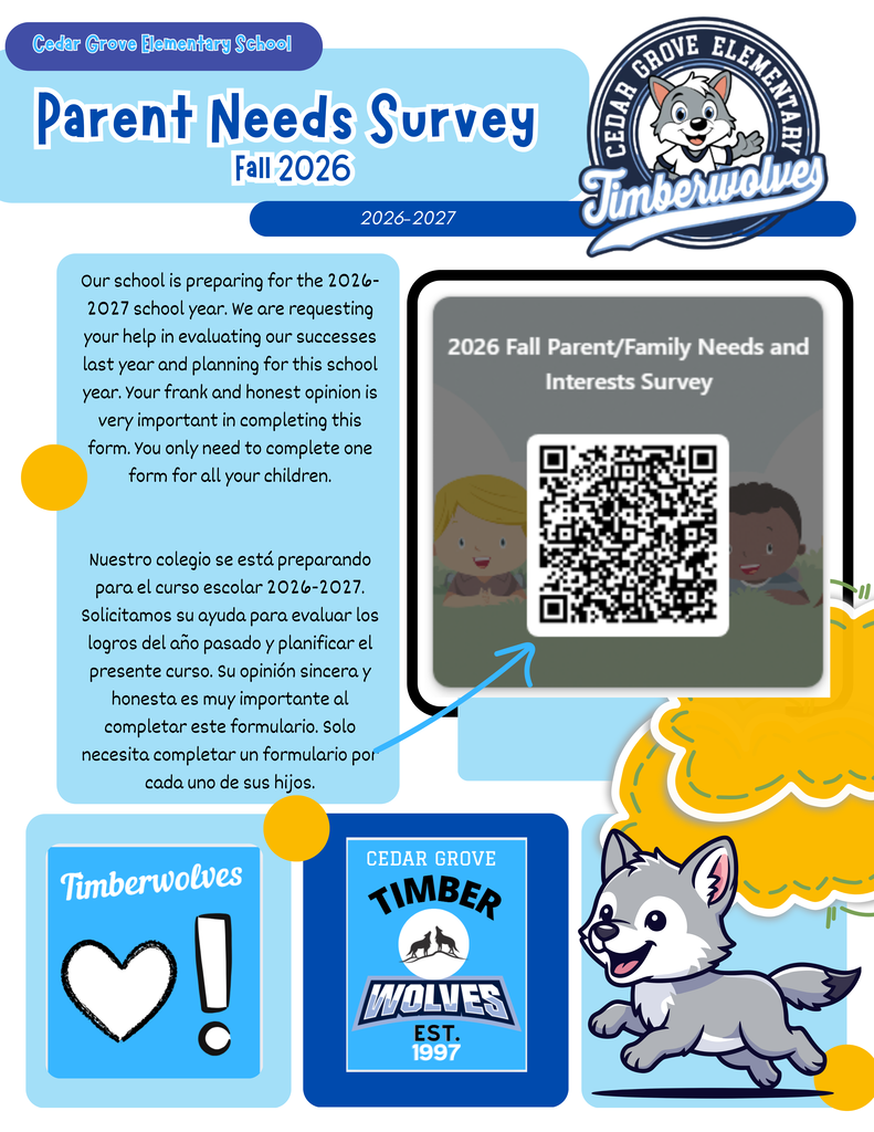 An infographic titled "Parent Needs Survey Fall 2026" has text and a QR code. It also shows a logo and mascot, a wolf.