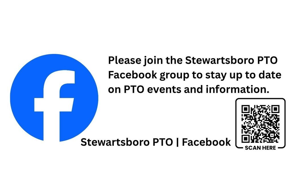 A white background displays a blue circle with a white "f", text "Please join the Stewartsboro PTO Facebook group to stay up to date on PTO events and information", and a QR code.