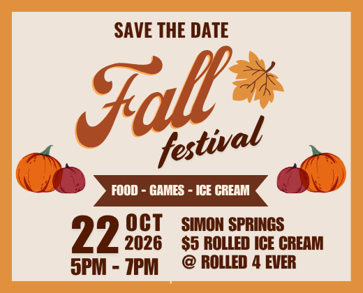 Advertisement for Fall Festival with pumpkins and leaves on October 22, 2026. Includes details on food, games, and ice cream.