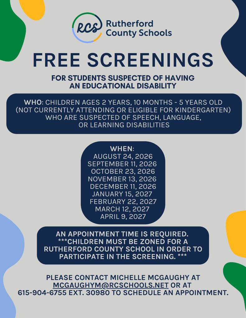 Flyer for free screenings for students aged 2 years, 10 months to 5 years. Includes dates: Aug 24, Sep 11, Oct 23, Nov 13, Jan 15, Feb 22, March 12, April 9.
