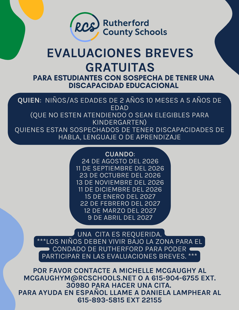 Poster with Rutherford County Schools logo. Header "Evaluaciones Breves Gratuitas". Dates for evaluations listed. Contact information provided.