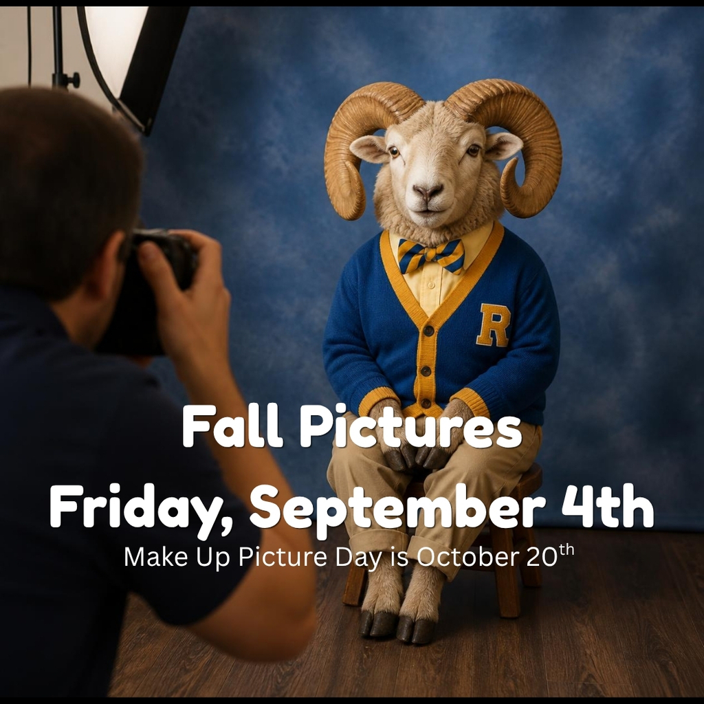 A person photographs a ram wearing a sweater and bow tie. Text reads, "Fall Pictures Friday, September 4th."