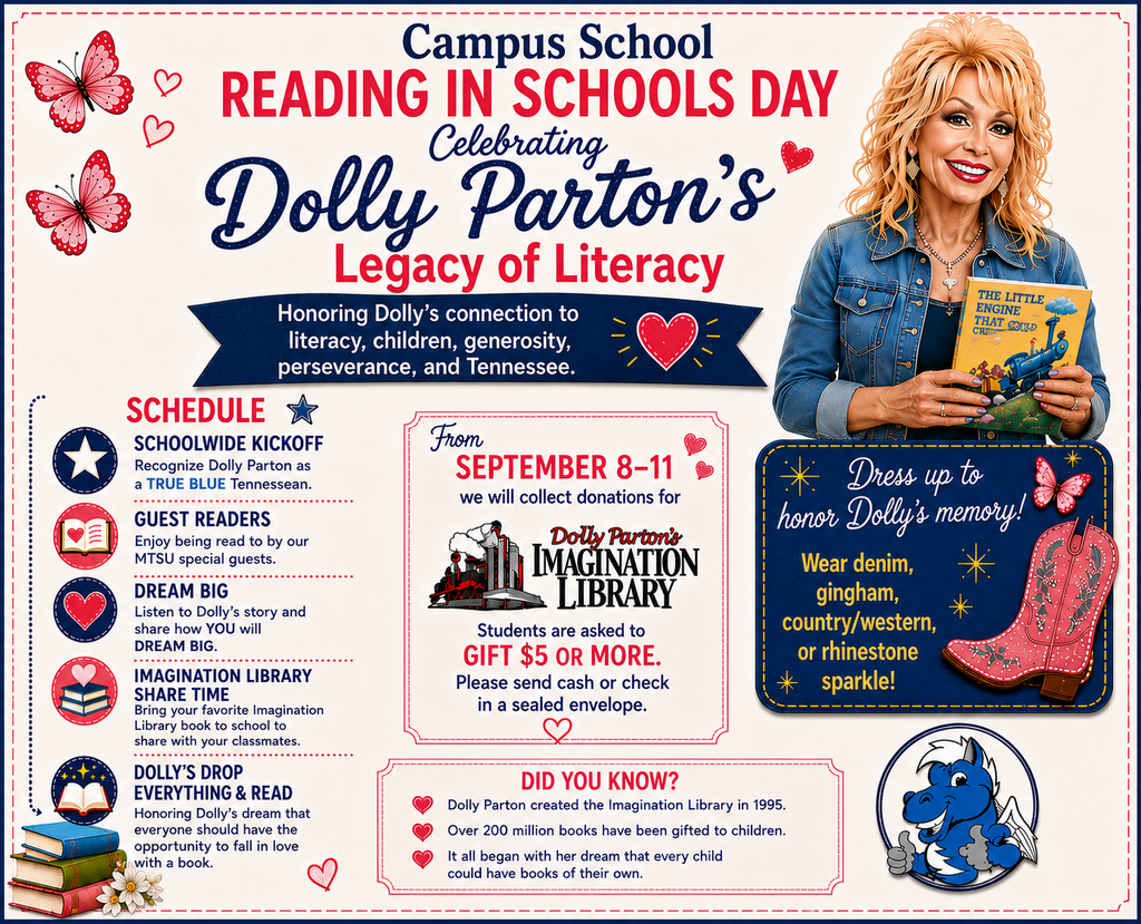 An advertisement with a smiling woman holding a book. Text reads "Campus School Reading in Schools Day Celebrating Dolly Parton's Legacy of Literacy."