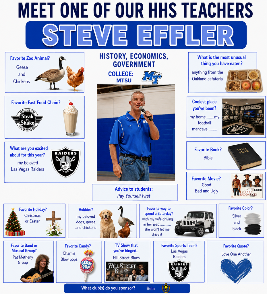 A page with a blue border featuring Steve Effler, a teacher. He has a microphone, and there are items on the page like a book and a football.