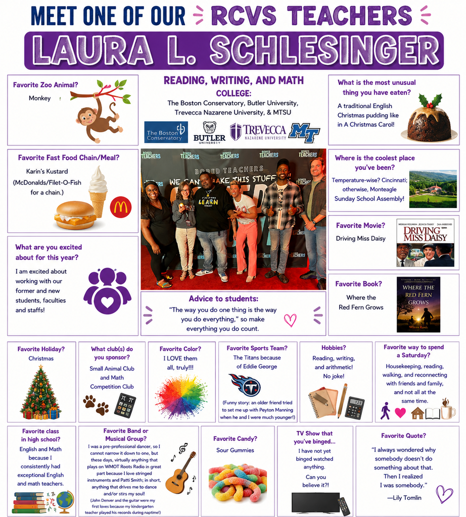 A colorful page with Laura L. Schlesinger's details, including her school, favorite food, and advice. Various icons and images represent her interests.