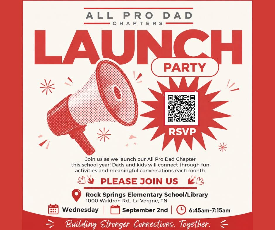 An event invitation for All Pro Dad Chapter launch party with a red megaphone graphic, a QR code, and details including date, time, and location.