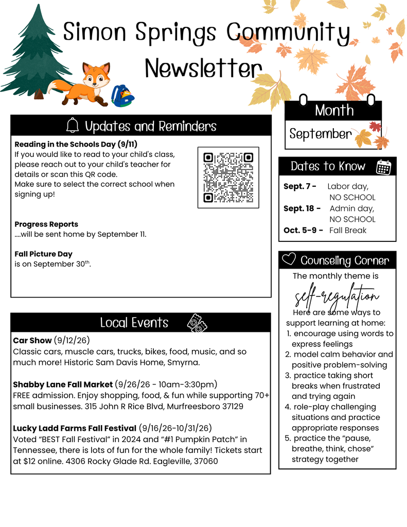 Newsletter with title "Simon Springs Community Newsletter". Sections include "Updates and Reminders" with QR codes, "Month" for September, and "Local Events" with details of local activities.
