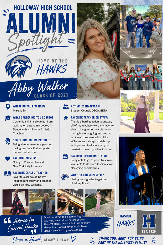 An advertisement poster features a collage of photos with a woman, Abby Walker, Class of 2022, and her school mascot.