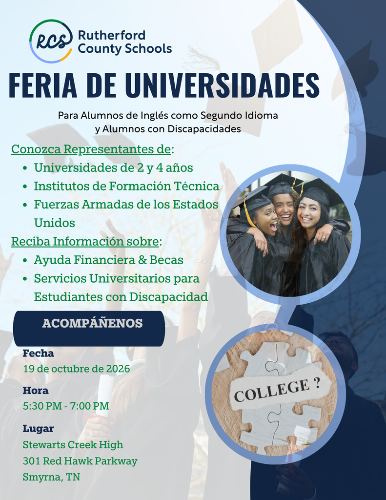 Flyer for "Feria de Universidades" with text in Spanish. It shows three people in graduation attire. Date and time: October 19, 2026, 5:30 PM to 7:00 PM. Location: Stewarts Creek High, Smyrna, TN.