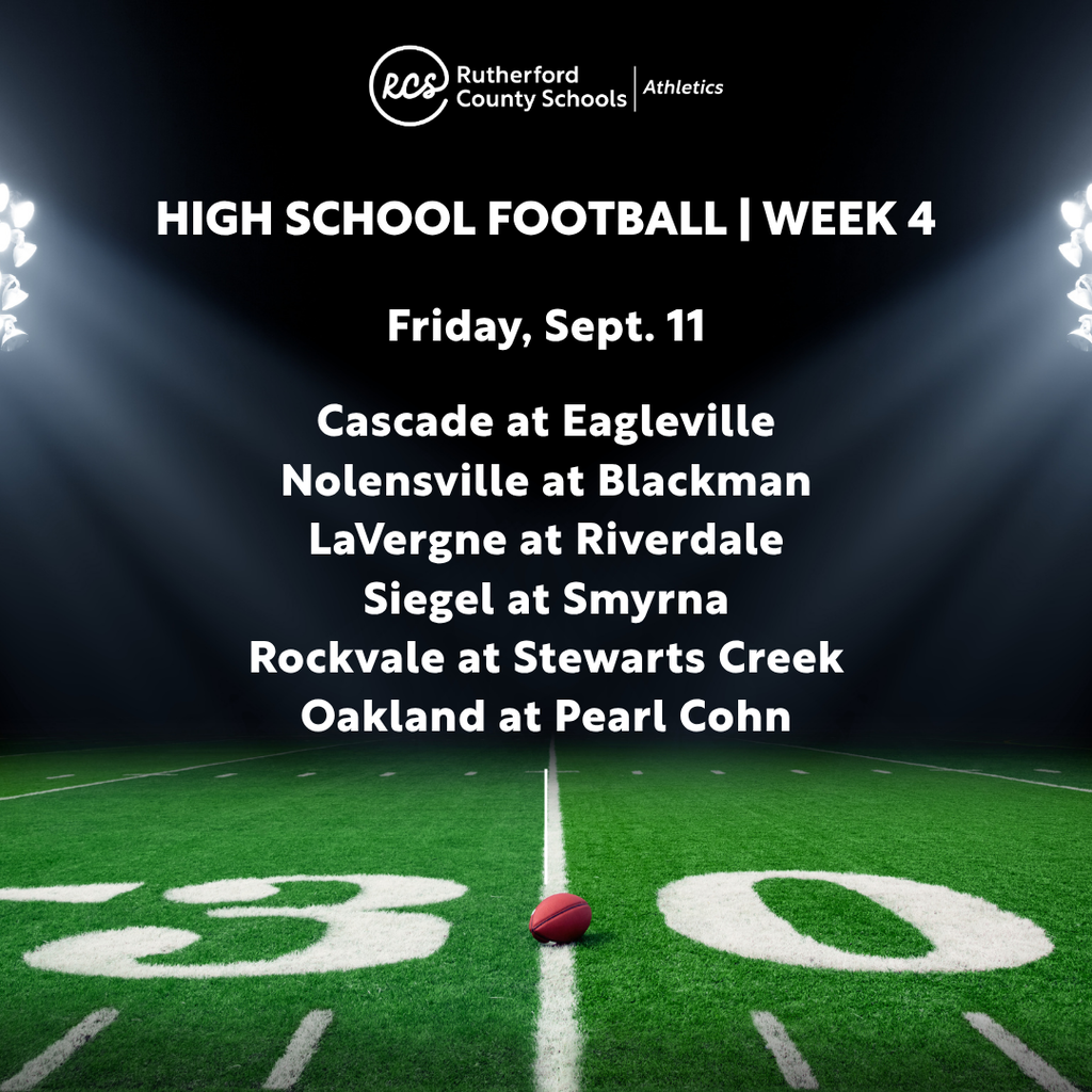 Poster for Week 4 high school football games. Field with white lines and a red ball at the 30 yard line.