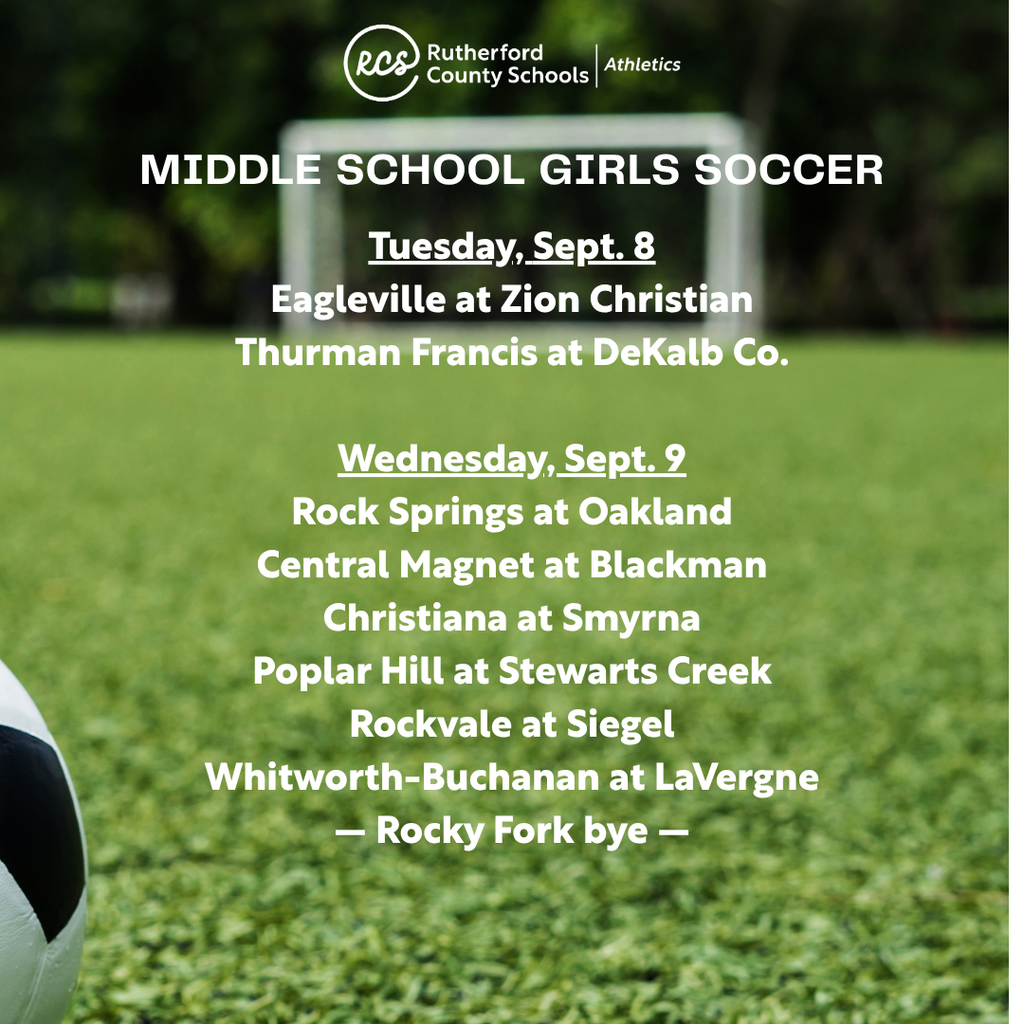 Soccer field background with text detailing upcoming middle school girls' soccer matches. Text includes teams and locations.