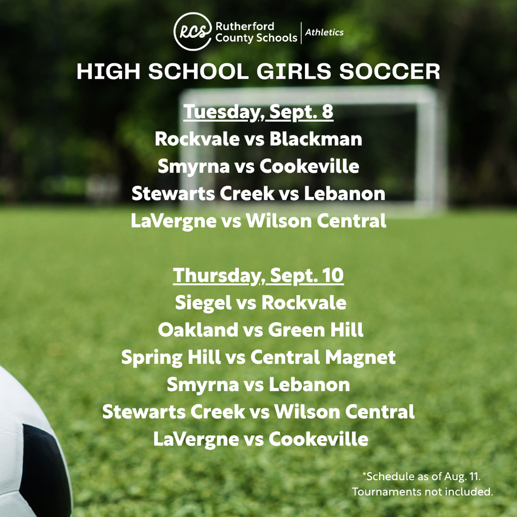 Soccer game schedule for high school girls. Soccer matches on Tuesday and Thursday, September 8 and 10.