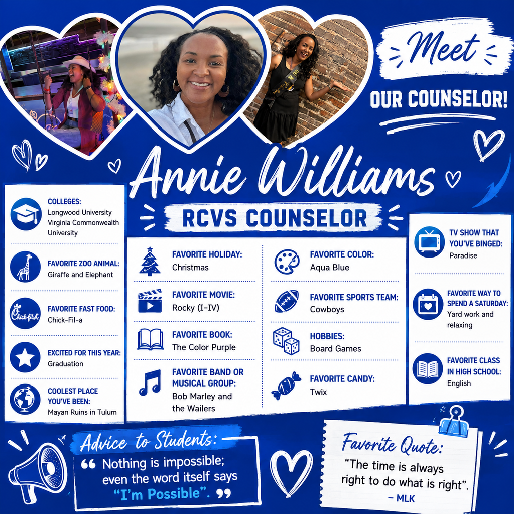 Blue background with text. Heart shapes with photos of counselor. Counselor's name, title, and advice in white text. White text on blue shapes.
