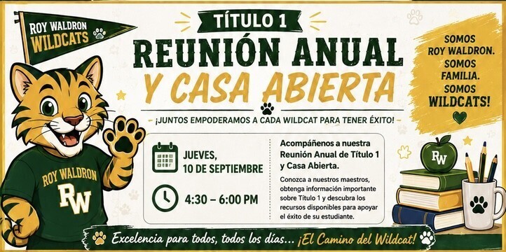 An event poster in green and yellow shows a tiger with text in Spanish, a cup, books, and pencils.