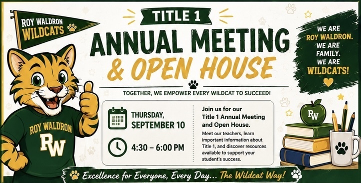 A poster with a cartoon cat holding a thumbs up, a paw, text, books, a mug, and a school logo.
