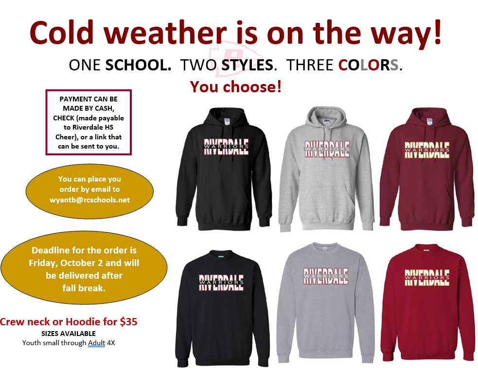 An advertisement shows hoodies and crew necks in three colors: black, gray, and red. A deadline is listed, and there is an order form.