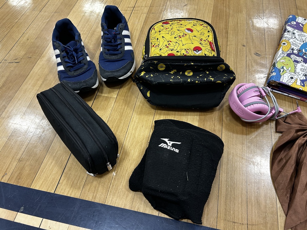 Various items on a wood floor: two sneakers, a pencil case, a bag, a headband, and a sock.