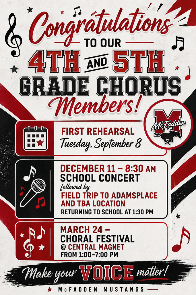 A poster with red and black highlights congratulates 4th and 5th-grade chorus members. Events listed include the first rehearsal on September 8, a December concert, and a field trip.