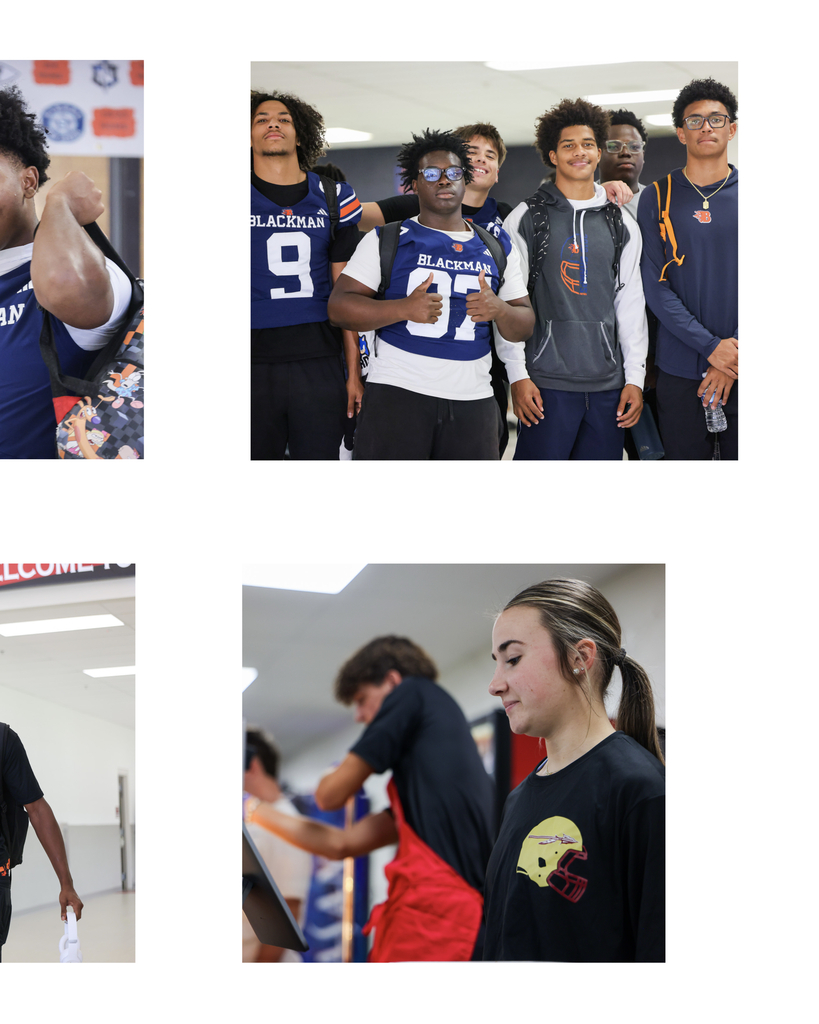 Collage of three photos: man in gym locker room, football players in blue uniforms, and a girl in a black shirt.