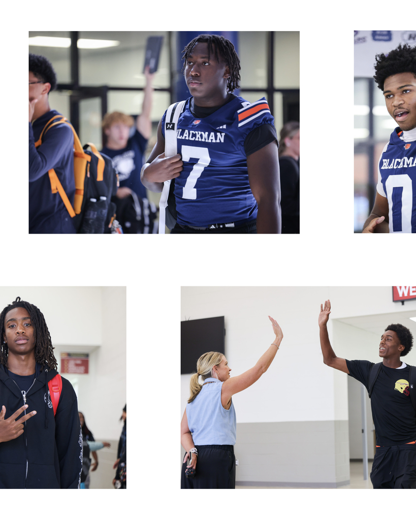 Collage of three images of four people. One wears a football jersey, others wear casual clothes. Background shows hallways and people.