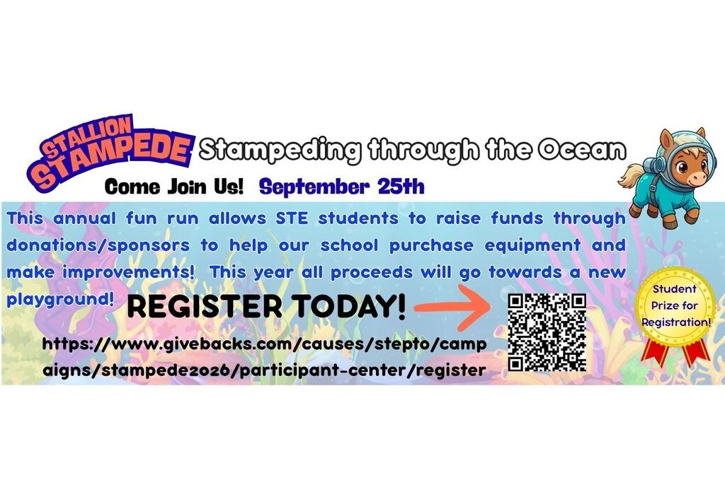 Flyer with an animal, "Stampede through the Ocean," and event details. QR code and a website link for registration.