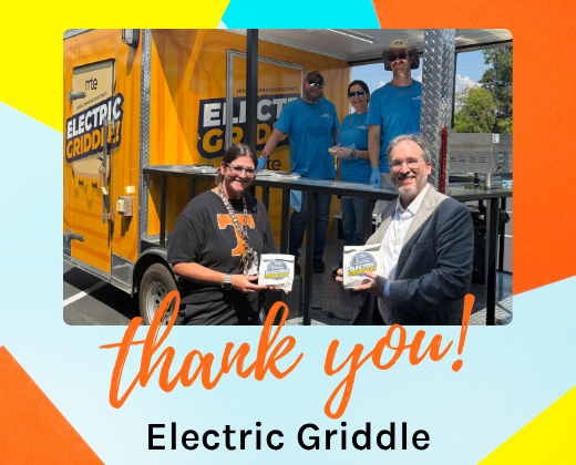 Five people in front of an orange food truck. They hold small boxes and smile. Text reads "Thank you! Electric Griddle".