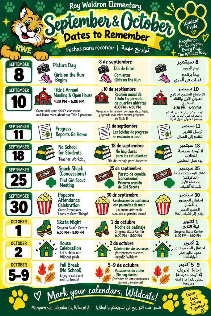 A monthly calendar for Roy Waldron Elementary, September to October. Dates and events include Picture Day, Open House, No School, and Fall Break.