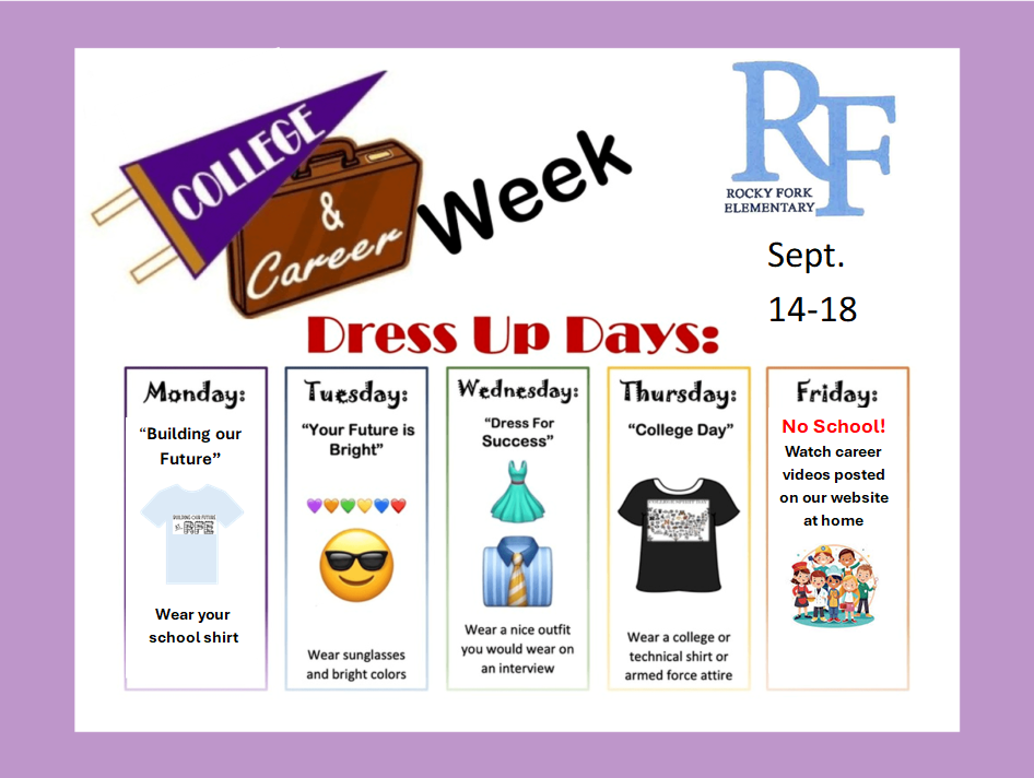A poster with purple background lists College & Career Week, Sept. 14-18, with Dress Up Days from Monday to Friday.