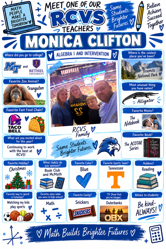 A poster featuring Monica Clifton, a teacher, with a collage of images, text, and icons. Text reads "Meet One of Our RCV Teachers: Monica Clifton."