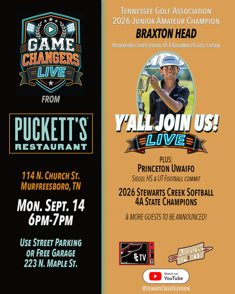 Advertisement for event. Includes Puckett's Restaurant logo, address, and hours. Event is the Tennessee Golf Association 2026 Junior Amateur Championship.
