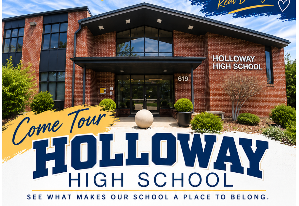 A banner advertises a Holloway High School tour. The school's name appears in blue and white above a photo of the building.