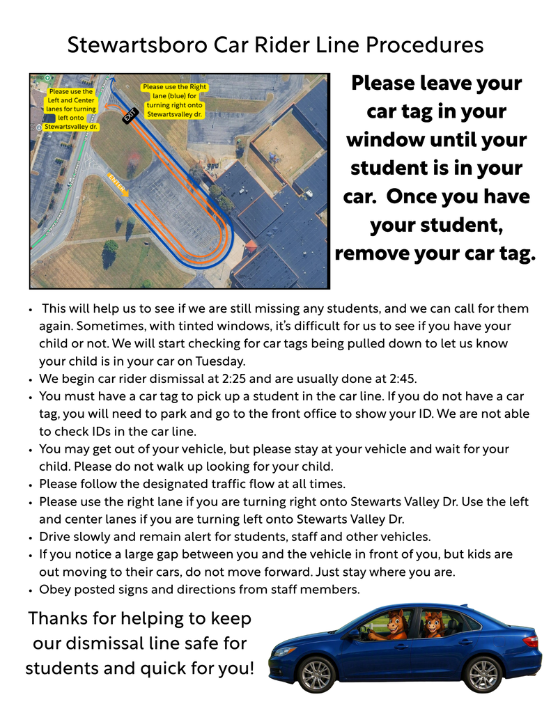 Car rider line procedures with a map showing the car tag location, a blue car, and instructions for safe student dismissal.