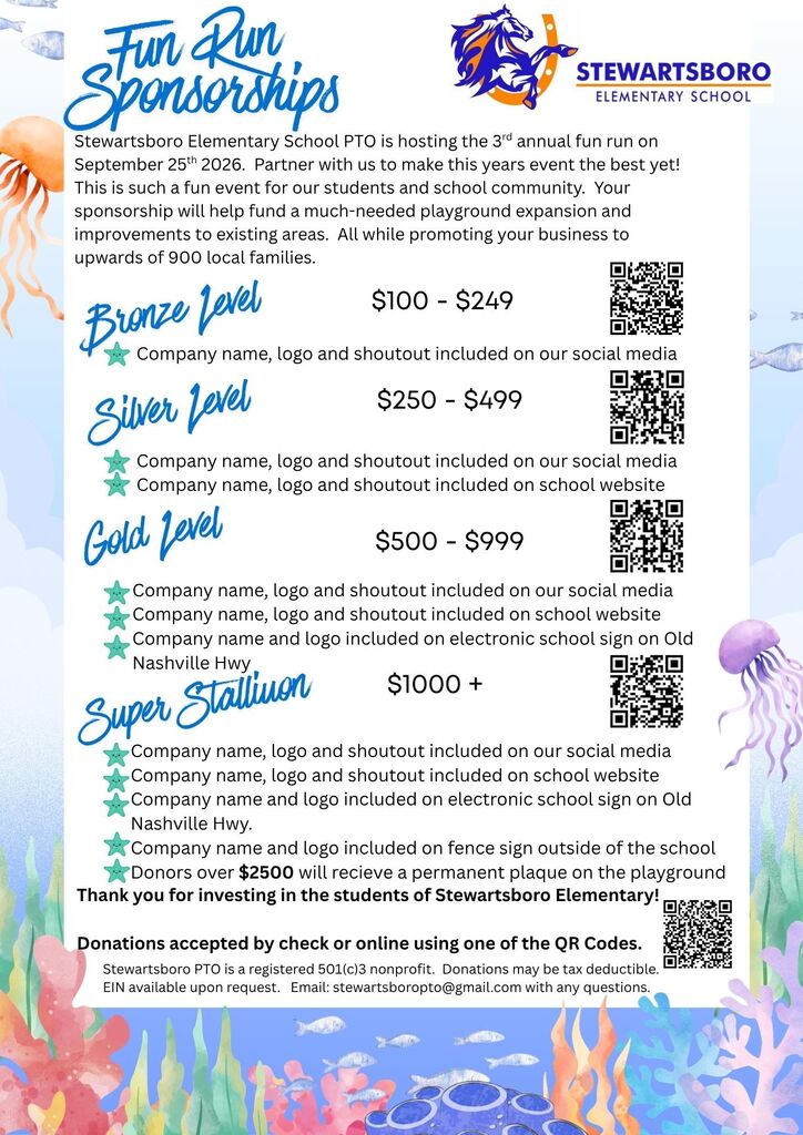 A flyer for Stewartsboro Elementary PTO's 3rd annual fun run on September 25, 2020. Sponsorship levels include Bronze, Silver, Gold, and Super with various benefits.