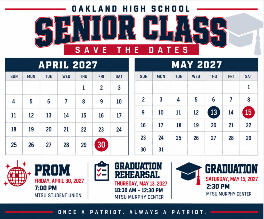 Oakland High School senior class event calendar for April and May 2027. Prom on April 30. Rehearsal on May 13. Graduation on May 15.