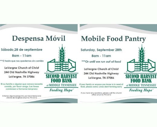 Two flyers, one in Spanish and one in English, promote a mobile food pantry. Both have green text on white backgrounds.