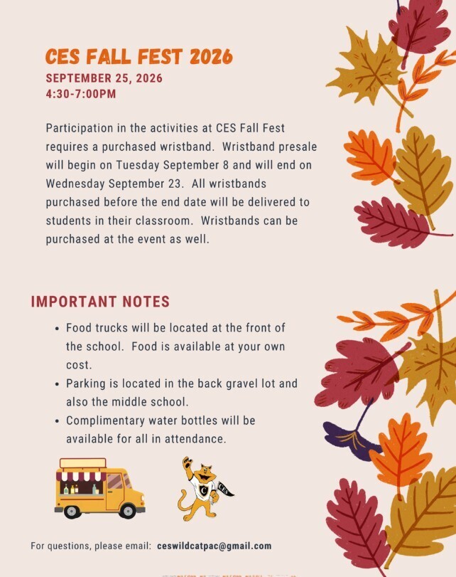 FALL FEST! at Christiana Elementary will be 4:30pm-7:00pm on September 25th! Wristbands are $12 per participant or $36 dollars for a family of 3+. Wristband presale has already started and will continue through Sept. 23rd!