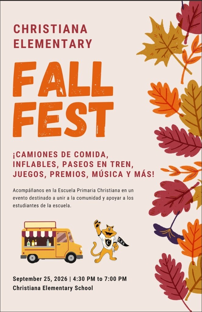 FALL FEST! at Christiana Elementary will be 4:30pm-7:00pm on September 25th! Wristbands are $12 per participant or $36 dollars for a family of 3+. Wristband presale has already started and will continue through Sept. 23rd!